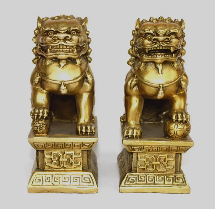 Chinese Bronze Brass Guardian Foo Fu Dog Phylactery Door Lion Pair Statue 6.5/"