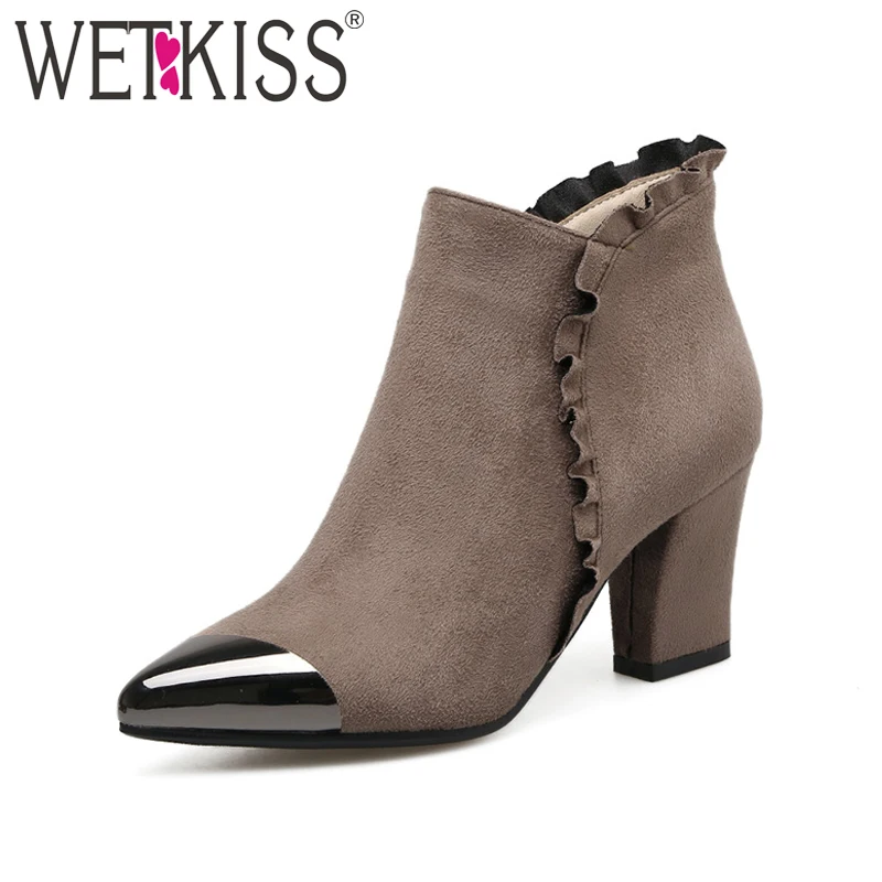 

WETKISS Latest Fashion Women Boot High Heel Pointed toe Lady Autumn Winter Ankle Boot Short Plush Woman Shoes Block Heels 33-40