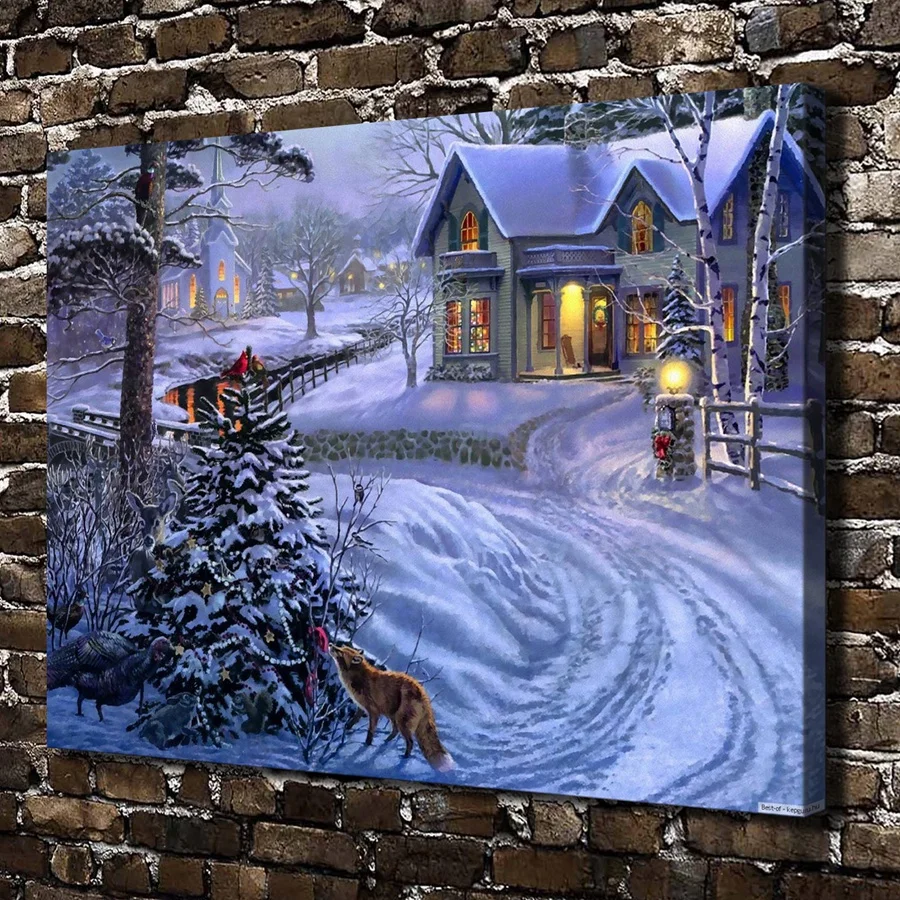 10599Snow World Tree House Animals Wolf landscape,HD Canvas Print Home