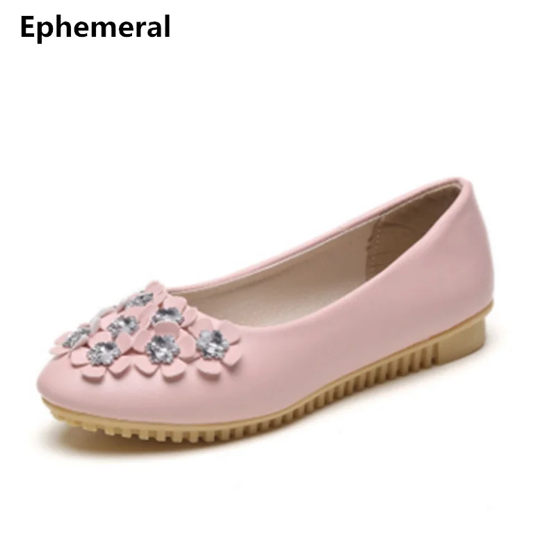 

Lady's Crystal Flowers Big size 40 Soft PU Leather Round Toe Flattie Women Single Dancing Shoes On Spike Heel For Pregnant Women