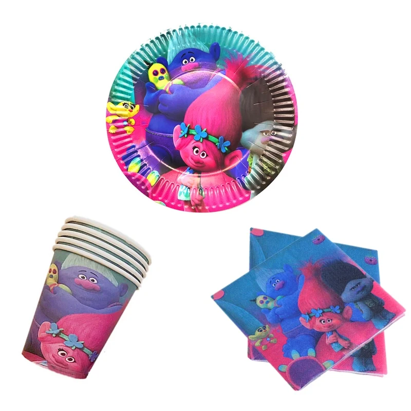 60 шт./лот счастливая предродительная вечеринка для девочек сувениры салфетки День рождения чашки тарелки декоративные полотенца нарисованные Миньоны набор посуды - Цвет: Trolls