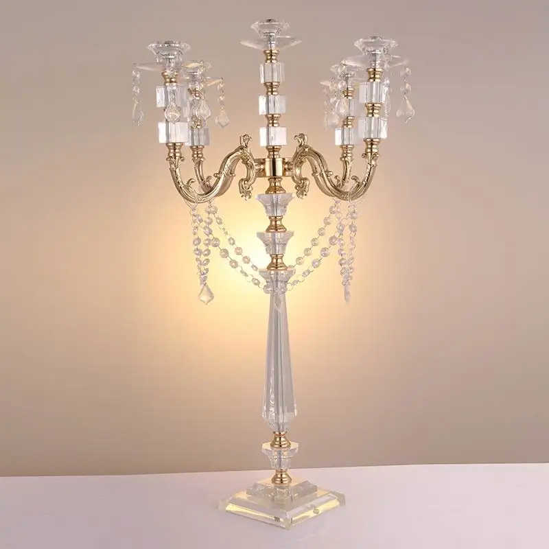

PEANDIM Gold 77cm Tall Acrylic Candle Holders Engagement Candelabra Centerpieces Candlestick With Pendants Party Home Decoration