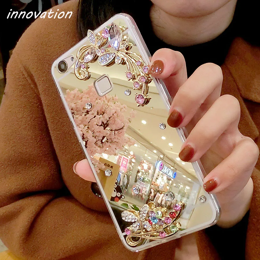 

Innovation Case For iphone 6 Mirror TPU Back Phone Cover For iphone 6S Accessories Flower For iphone6 Finger Holder Ring Stand