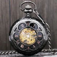 Luxury Steampunk Mechanical Pocket Watch Silver Black Hollow Flower Steel Hand Wind Men Women Pendant Fob