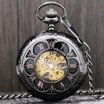 Luxury Steampunk Mechanical Pocket Watch Silver/Black Hollow Flower Steel Hand Wind Men Women Pendant Fob Chain Birthday Gifts golden black sliver antique hollow automatic mechanical pocket watch fob chain hand winding full steel sculpture for men wome