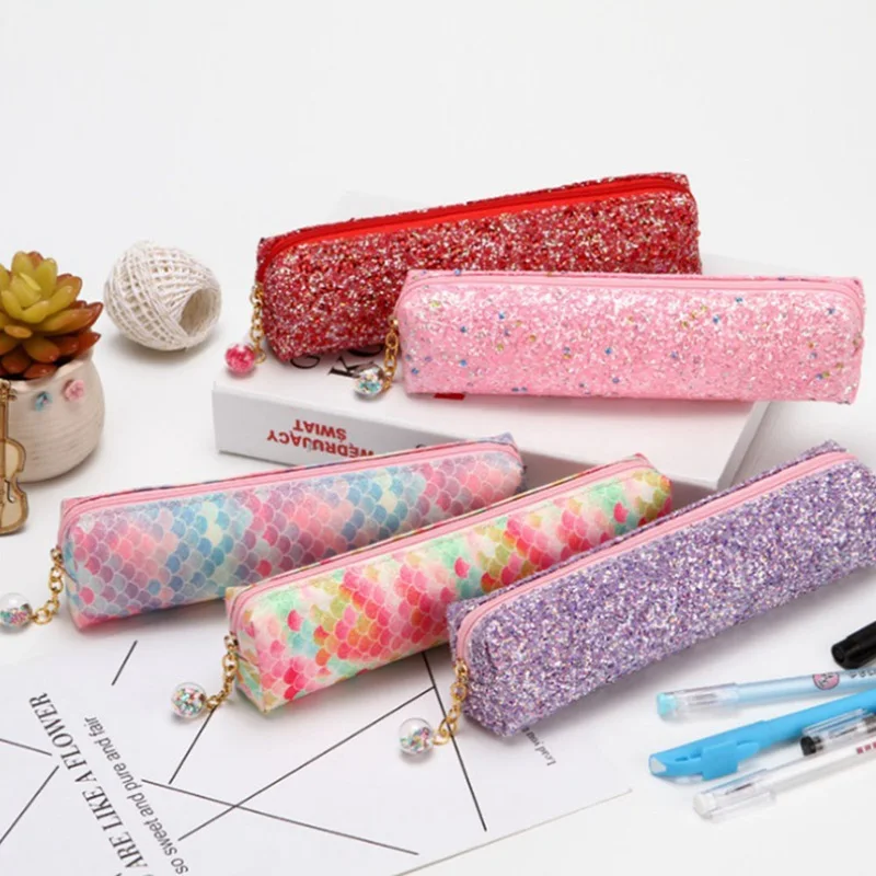 

Fashion Sequin Laser Pencil Case With Diamond Colorful Mermaid Pen Bag Stationery Pouch For Girls School Office Supplies