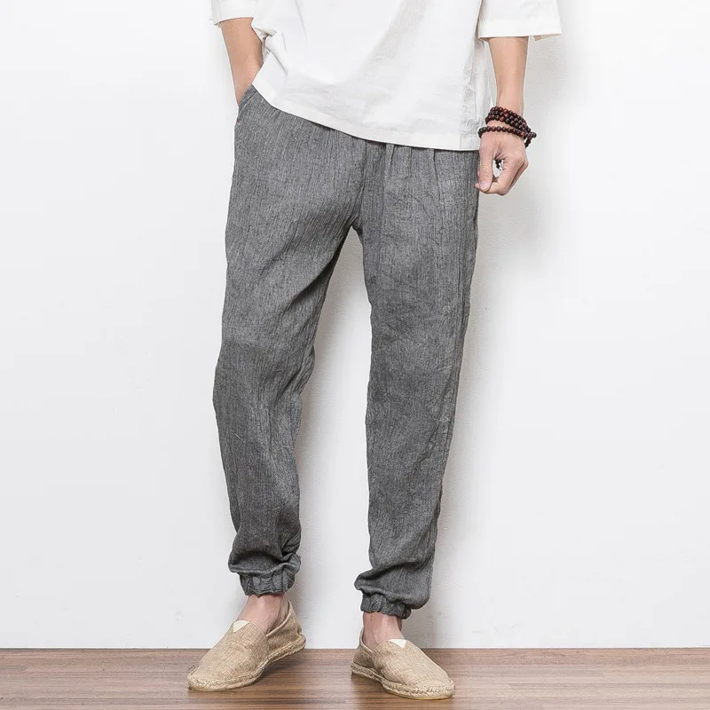 2019 Summer Korean Men's Thin Lantern Pants Linen Pants Cotton Taj pants Loose elastic waist elastic black casual pants