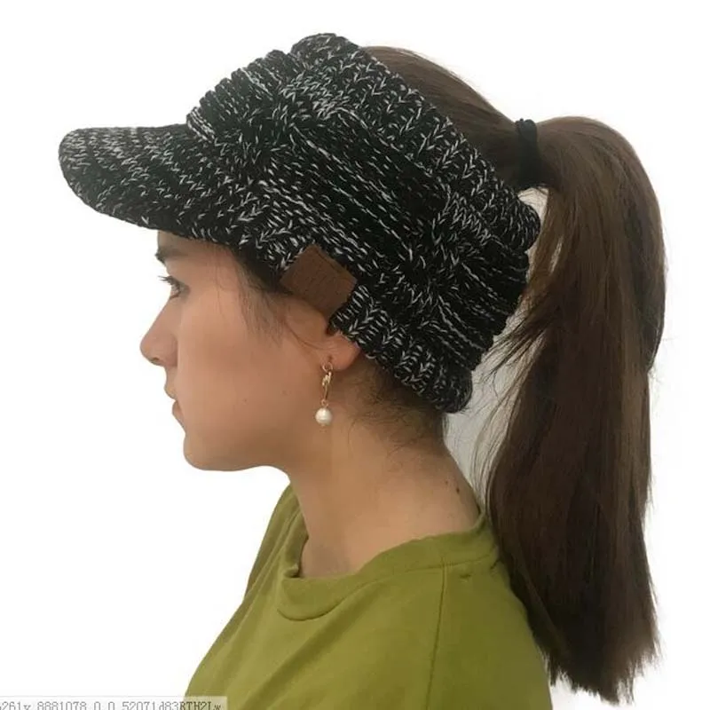 

XEONGKVI Europe Mark Empty Visors Caps Hair BandAutumn Winter Warm Brand Messy Bun Knitted Horsetai Hats For Women Girl46-62cm