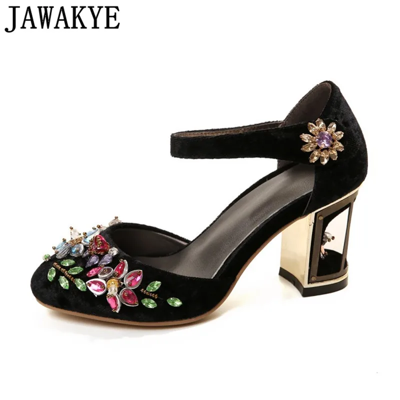 

Velvet Women Pumps colorful crystal flower Studded birds cage High Heels Mary Janes rhinestone Wedding Shoes for ladies
