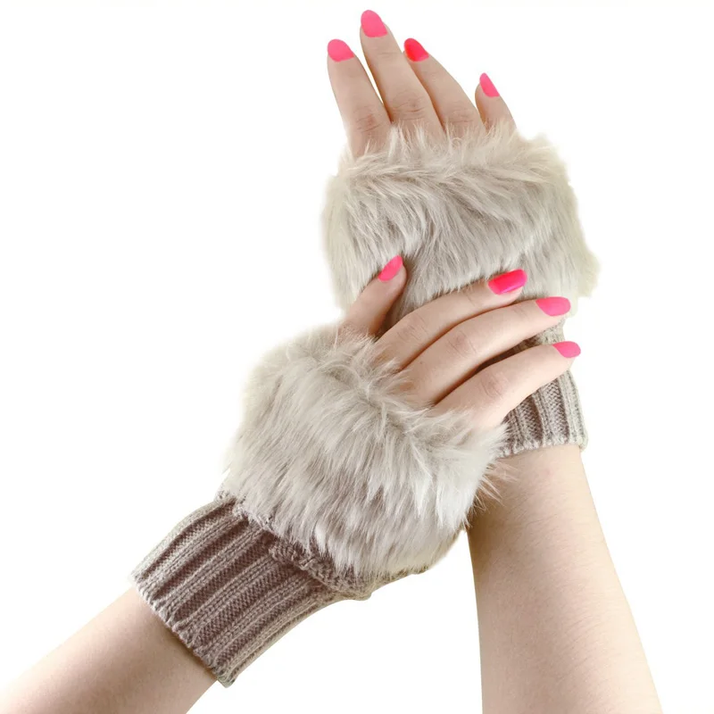 Модные зимние женские перчатки, плюшевые вязаные шерстяные перчатки из искусственного меха, сохраняющие тепло, короткие перчатки без пальцев для девушек и женщин, перчатки на половину пальцев, QL распродажа - Цвет: Khaki