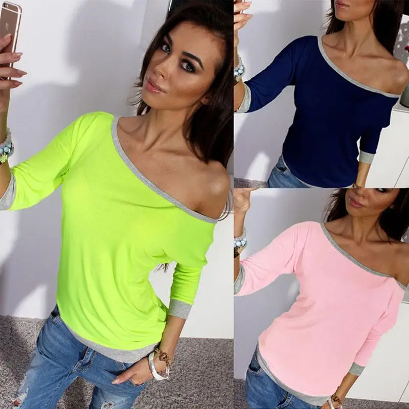 2016 New Spring font b Women b font Long Sleeve Sexy T Shirt Loose Casual Off