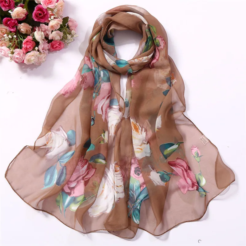 Fashion Women Roses Printing Long Soft Wrap Scarf Simulation Silk Shawl women's scarves handkerchief hijab scarf 40MA0609