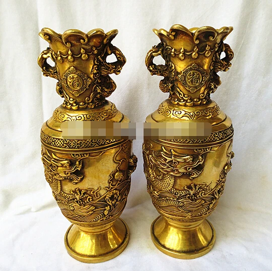 

B0601 321A pair of copper vase Erlongxizhu vases feng shui crafts jewelry at home statue