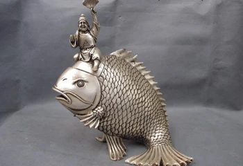 

USPS to USA S0815 Chinese Folk White Copper Silver Ride Fish JiGong Censer incense burner Statue