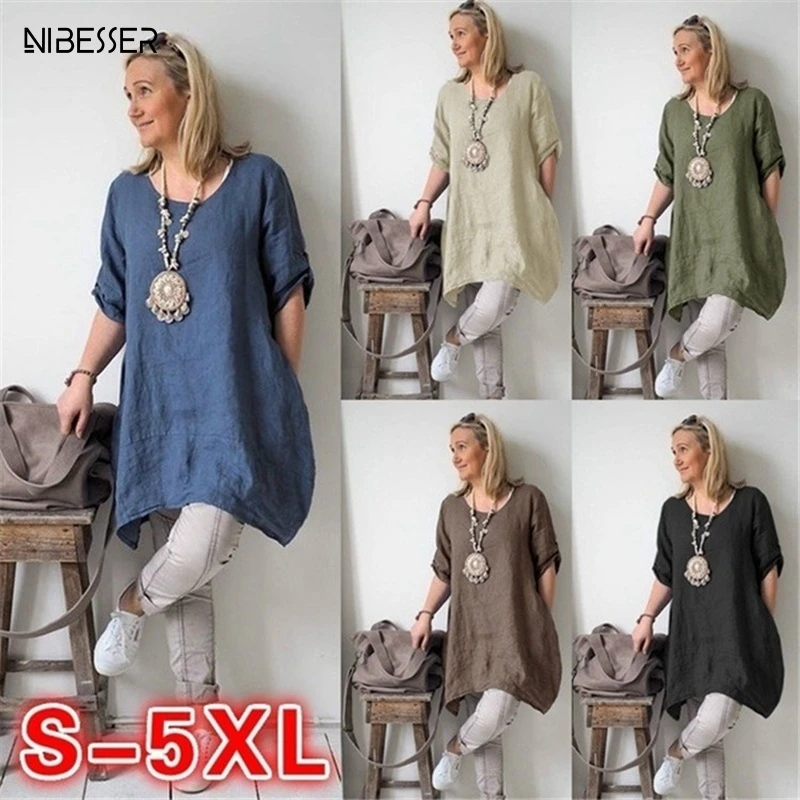 

NIBESSER New Loose Linen Dress Women Summer Solid Irregular Vestidos Cotton Casual Plus Size S-5XL Beach Party Dress basic robe