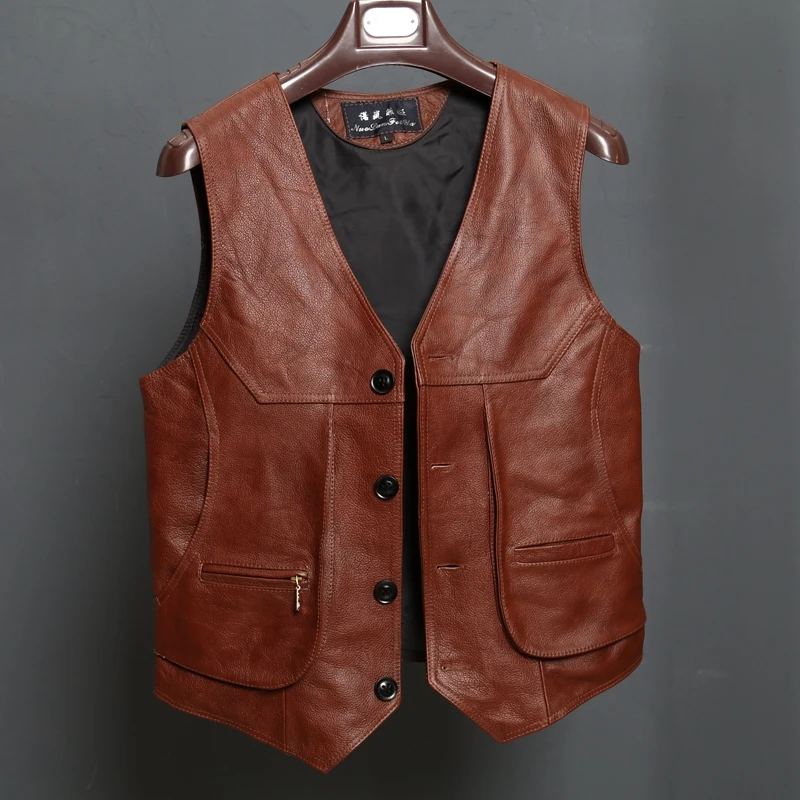 

BONJEAN New Arrival Leather Motorcycle Vest Mens Slim Fit Real Brown Cow Genuine Leather Waistcoat Bikers Vest Size L-8XL