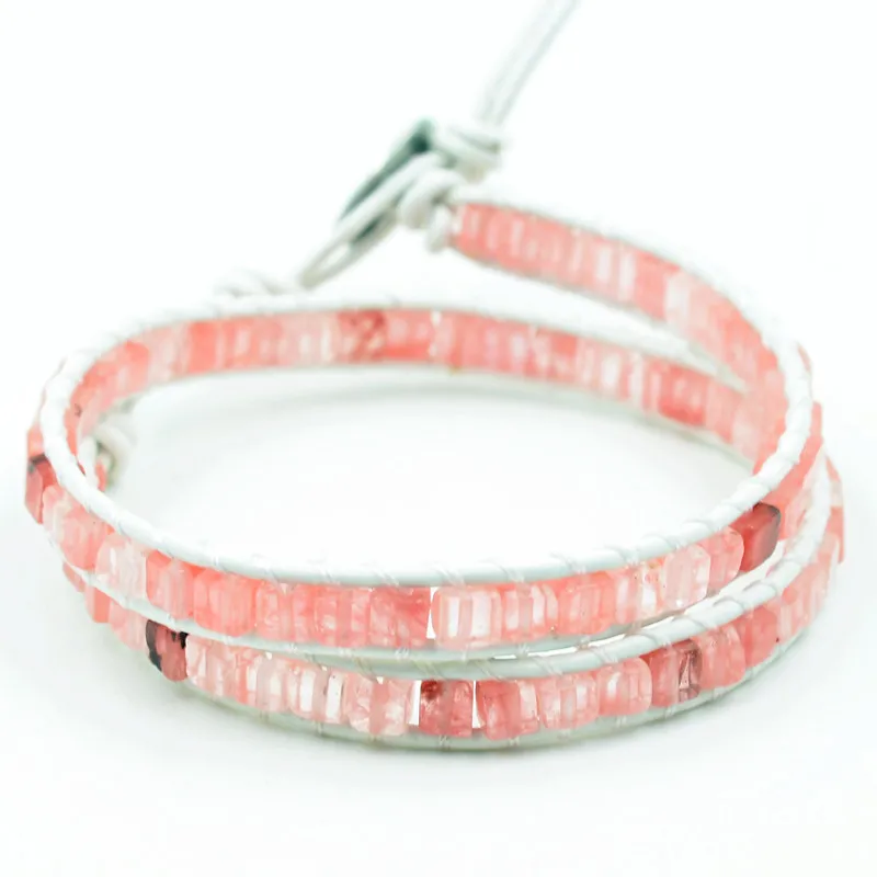 Women Leather Bracelets High End Mix Natural Stones 2 Strands Wrap Bracelets Vintage Weaving