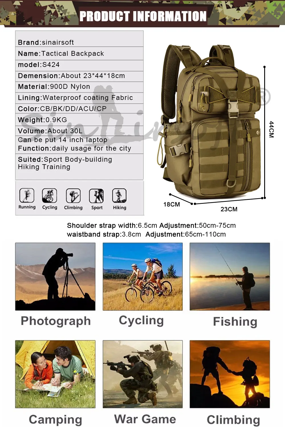 Exército à Prova Esporte ao ar Sinairsoft Tático Mochila Ombro Militar Caça Acampamento Multi-purpose Molle Livre Bagsly0057 900d D900água 8 Sinairsoft tático mochila 900d exército à prova