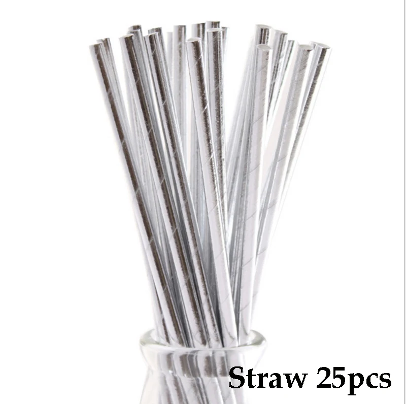 Straw 25pcs 8 шт. вечерние одноразовые столовые приборы серебряного цвета, бумажные тарелки, обертка с соломинкой для торта, декор на день рождения, товары для детской вечеринки - Цвет: Straw 25pcs