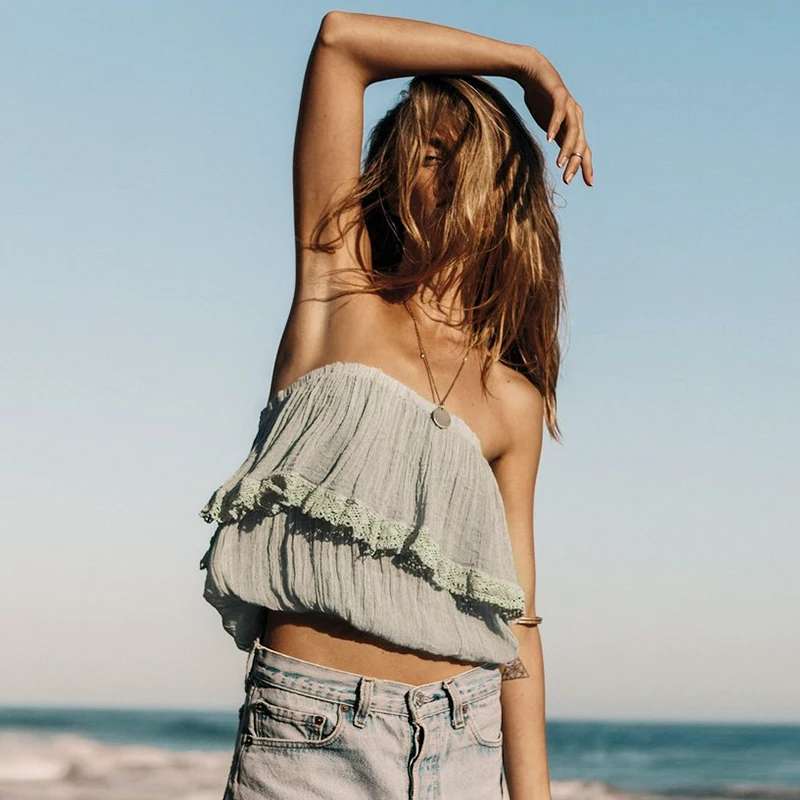 

NLW Women Sexy Off Shoulder Crop Tops and Blouse 2019 NEW Casual Lace Beach Holiday Tube Top Female Ruffle Elastic Plus Size Top