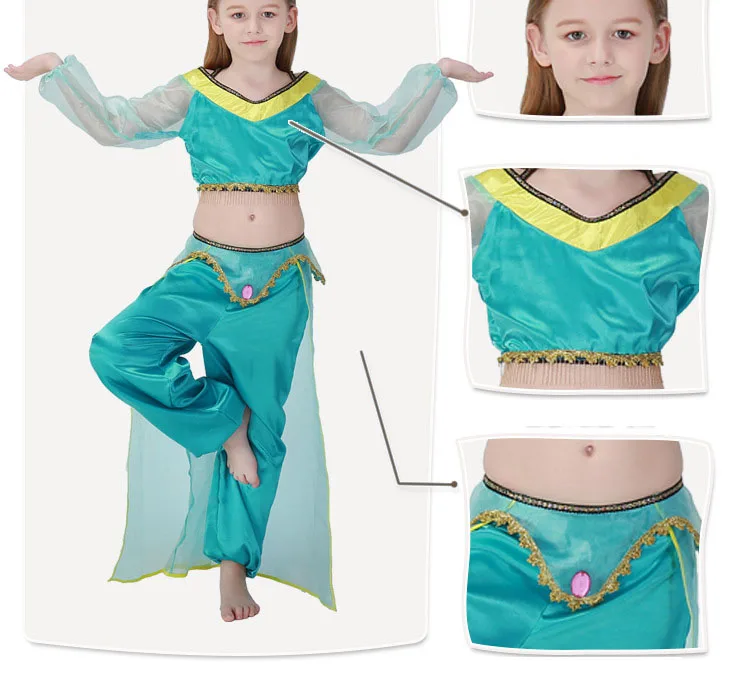 Aladdin's Lamp Jasmine Halloween Green Арабские костюмы для девочек детское платье для танца живота индийская танцевальная одежда Гибкая яркая изящная