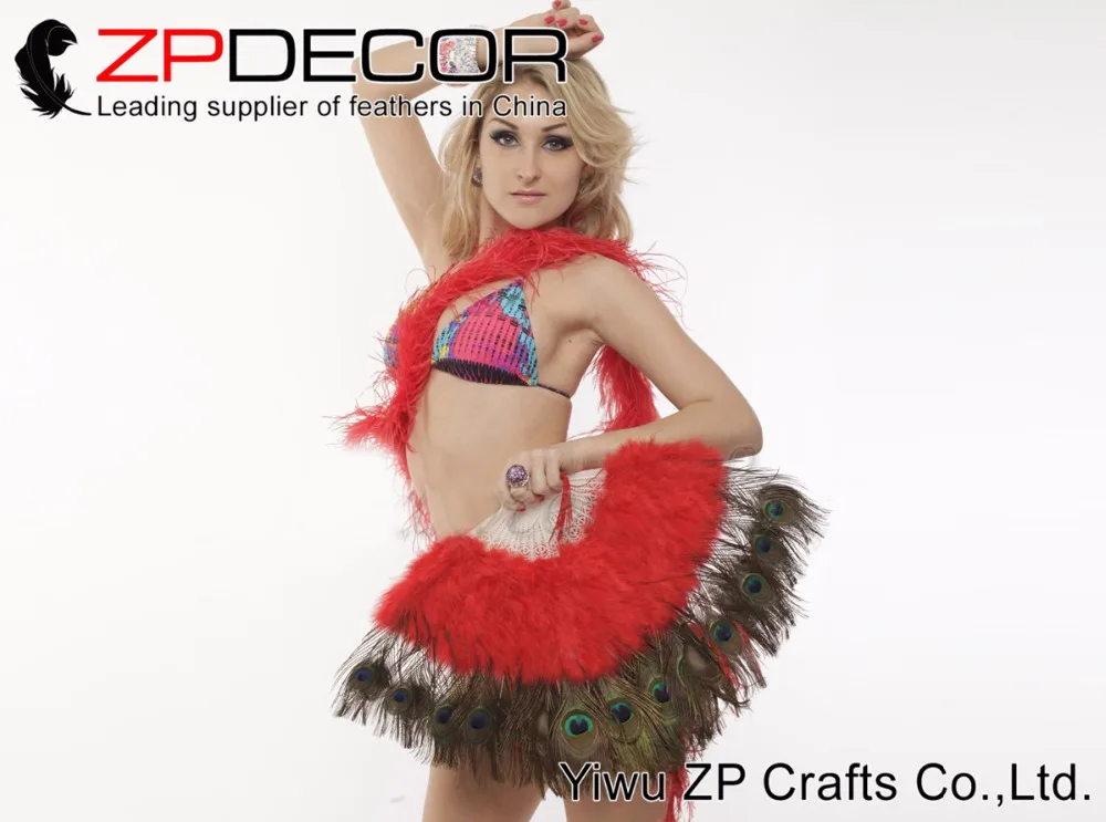 Red peacock eye marabou feather fan Burlesque Dance