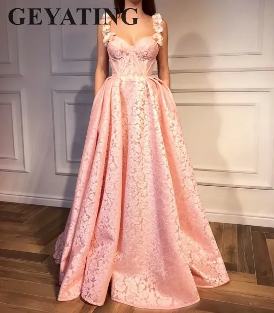 

Blush Pink Lace Prom Dress with 3D Flower Straps A-line Long Women Party Dresses Evening Formal Gowns Ladies Occasion Dresses