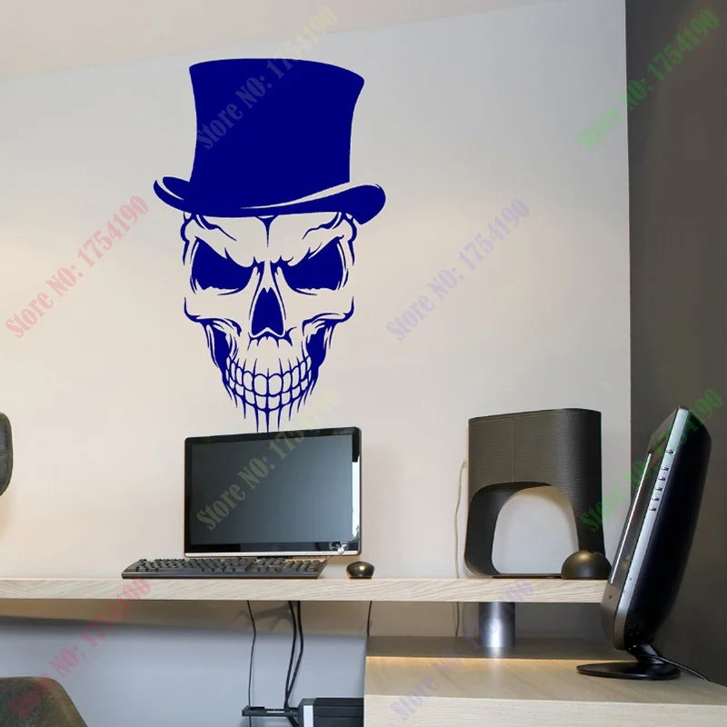 

Happy Halloween Skull with Top Hat Cool Living Room Vinyl Carving Wall Decal Sticker for Holiday party Home Window Decoration