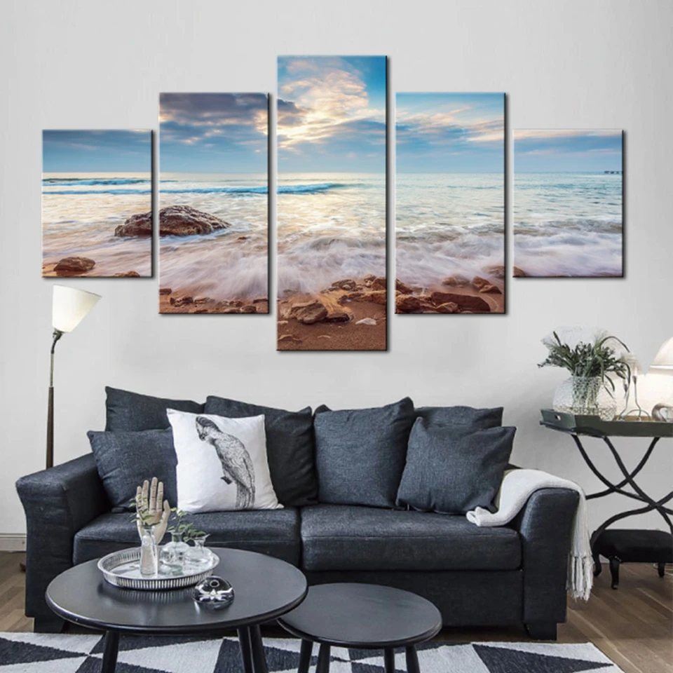 5 шт. Холст Картина Blue Sea Waves рок пляж Восход декор комнаты печати wall art WD-36 | Дом и
