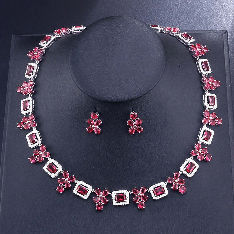 

UILZ Brand New Design Dubai Wedding Jewelry Set With White Gold Rectangle Crystal Blue CZ Earrings Necklace Set US387