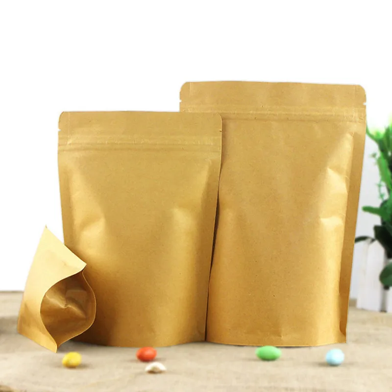 50pcs/lot Brown Stand up Kraft Paper Ziplock Bag Snack Tea Powder