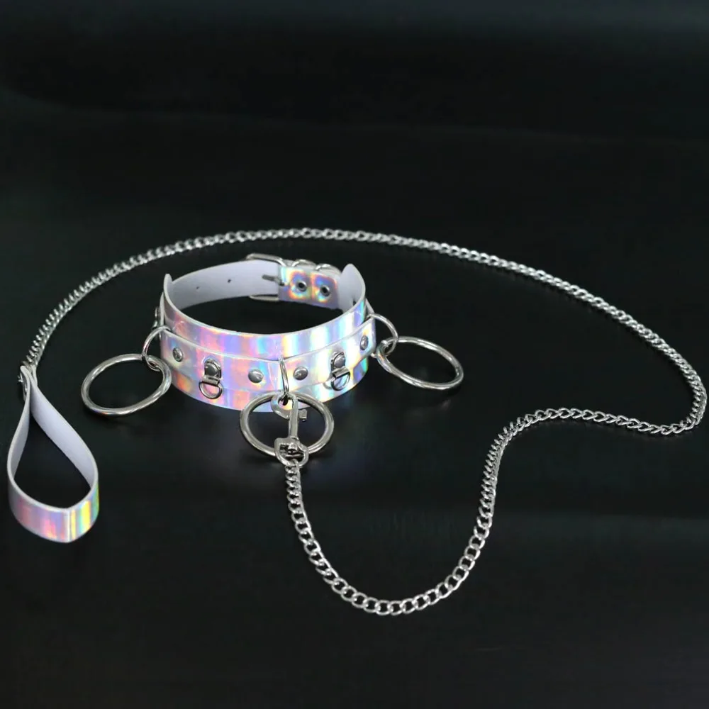 Holographic Choker punk emo chocker rainbow Leather collar bondage belt Necklace girls Statement