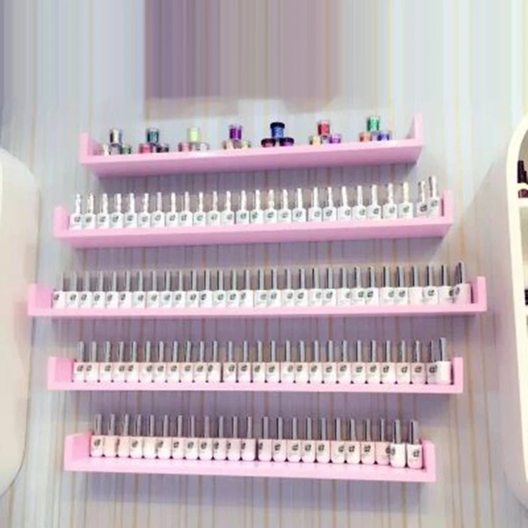 Nail polish shop shelves shelving racks wood clapboard wall shelf