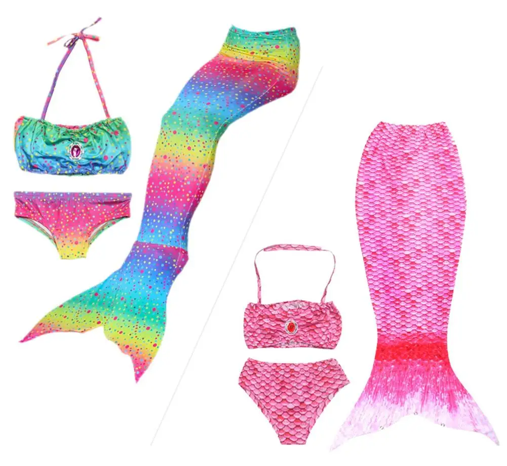 

3pcs Girls Mermaid Tail Swimsuit Children's Fish Tail Swimwear Fish Scales Pattern Beach Bikini Set Costume Photo Props Gifts