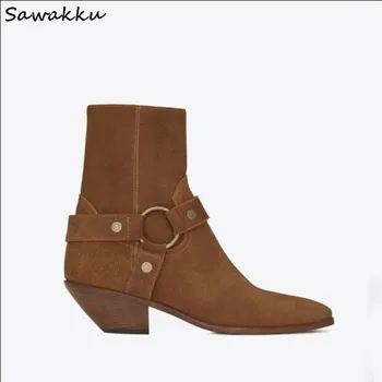 

Tan Suede Leather Cowboy Boots Chunky High Heels Women Ankle Botas Pointed Toe Buckle Chelsea Cool Girls Shoes Chaussure Femme
