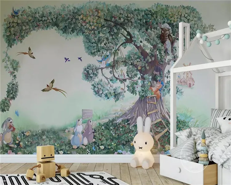 

Boy girl room wallpaper hand drawn big tree rabbit squirrel bird child bedroom background wall painting 3d wallpaper