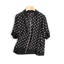 Шелк сплайсированные женские модные точки печати на молнии с короткими рукавами кардиган пальто тонкие kackets M/L Розничная оптом