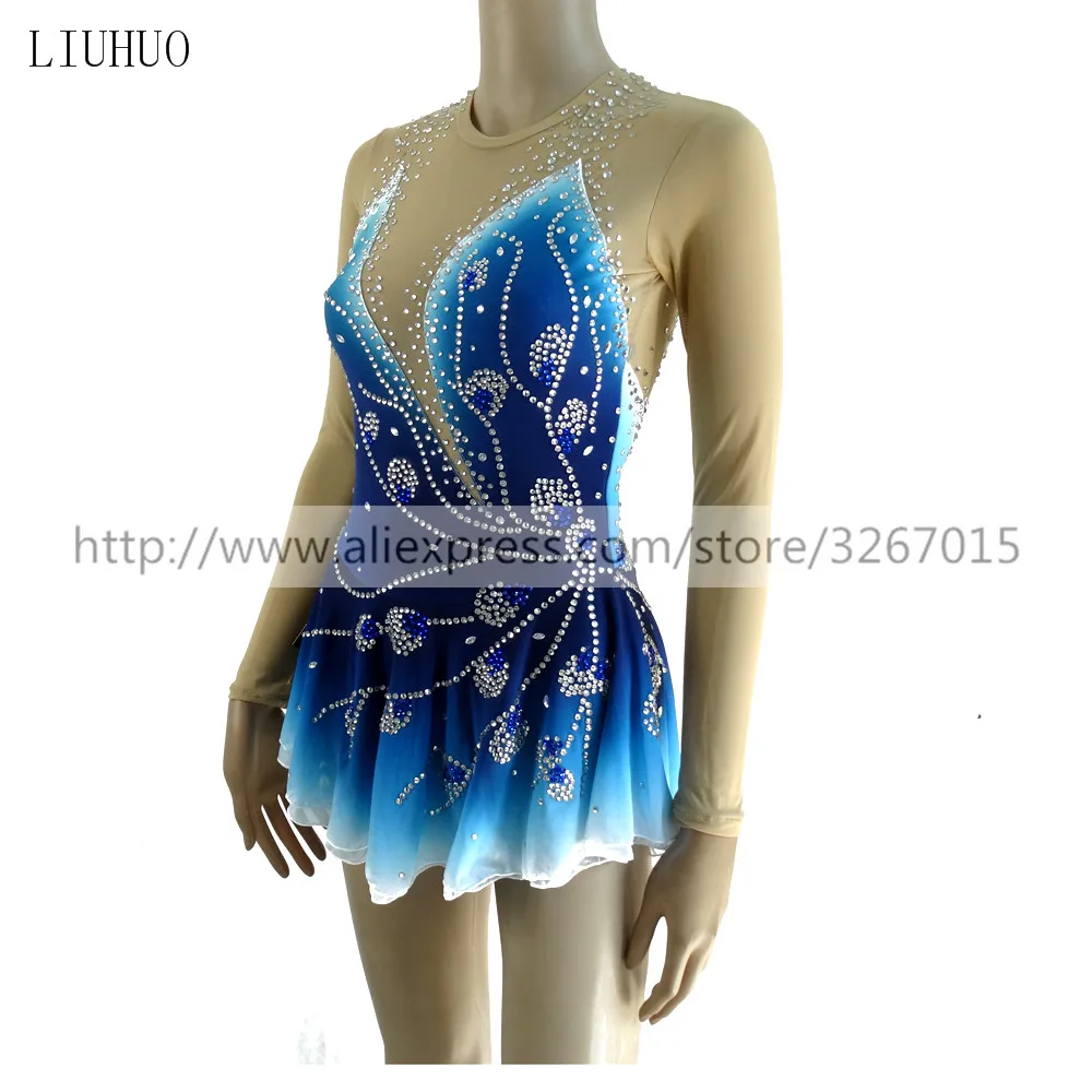 LIUHUO Figure Ice Skating Dress Women's Girls' Roller Costume Performance Rhythmic Gymnastics Ballet Competition Leotard Blue