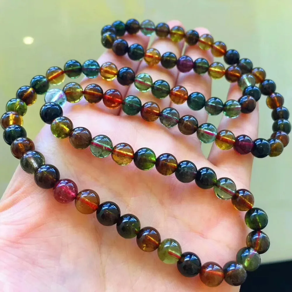

Fashion 100% Natural Colorful Tourmaline Quartz Bracelet Necklace 6.5mm Round Beads Three Laps Clear Crystal Brazil Chain AAAAAA