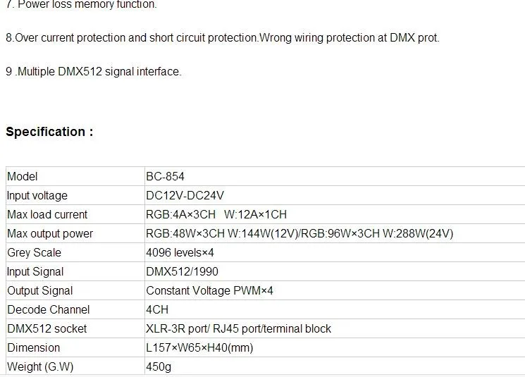 BC-854 dc12-24v 4 канала rgbw dmx512 питания декодер