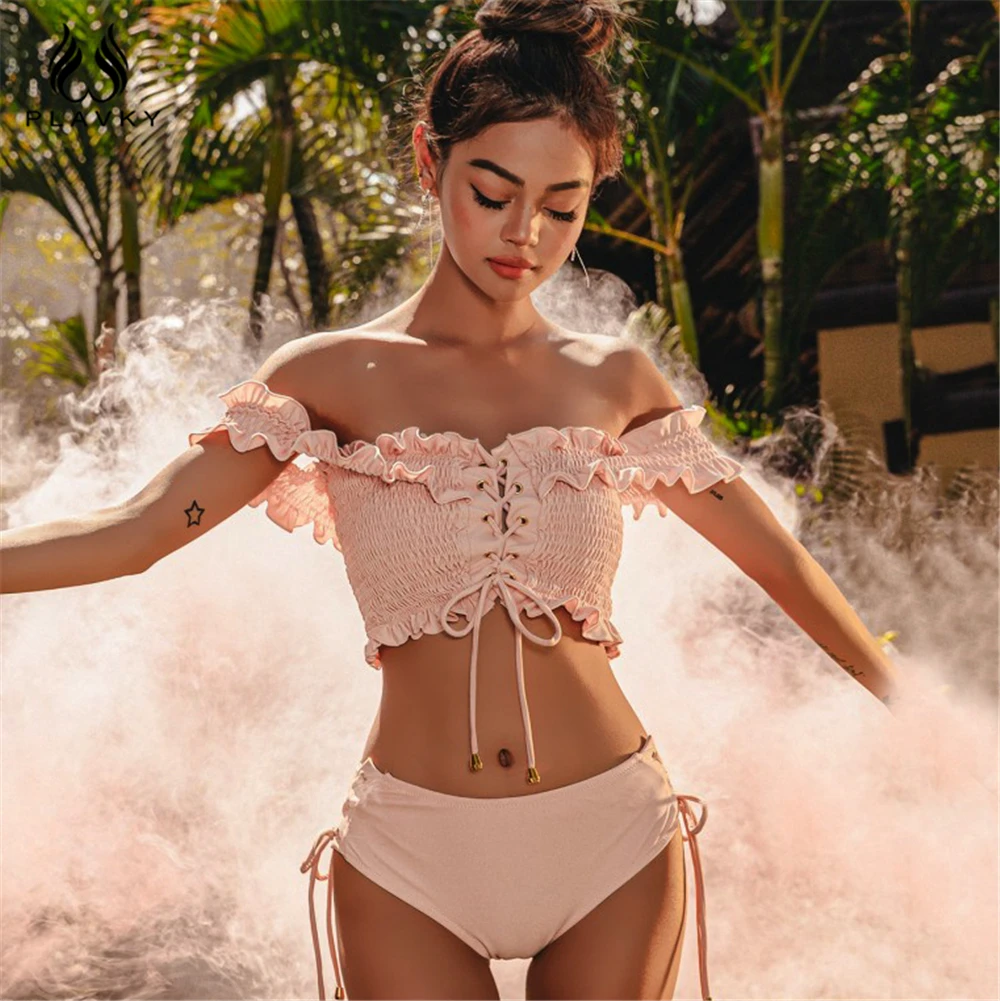 

Sexy Pink Ruched Lace Up Crinkle Off Shoulder High Waist Bikini 2019 Lady Swimwear Women Swimsuit Female Crop Swim Bathing Suit