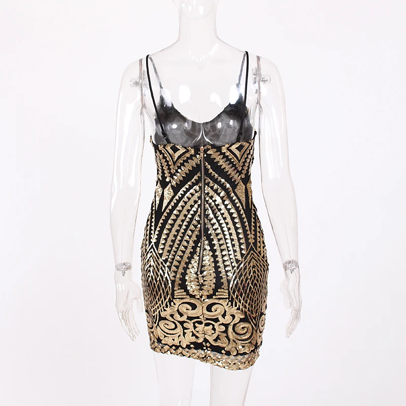 

Sexy Geometric Stretchy Sequin V Neck Backless Party Mini Dress Bodycon Tight Package Hips Sleeveless Club Dress