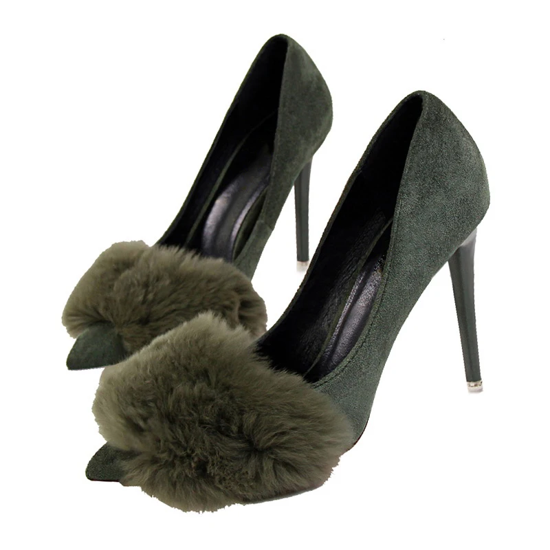 Plardin/Новинка; Женская обувь в сдержанном стиле; милые модные женские вечерние туфли из замши на меху; женские туфли-лодочки на тонком высоком каблуке - Цвет: Зеленый