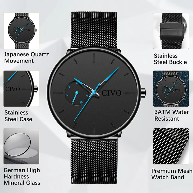 CIVO Fashion Casual Mens Watches Waterproof Analogue Sports Wristwatches Men Quartz Watches For Men Gift Clock Relogio Masculino