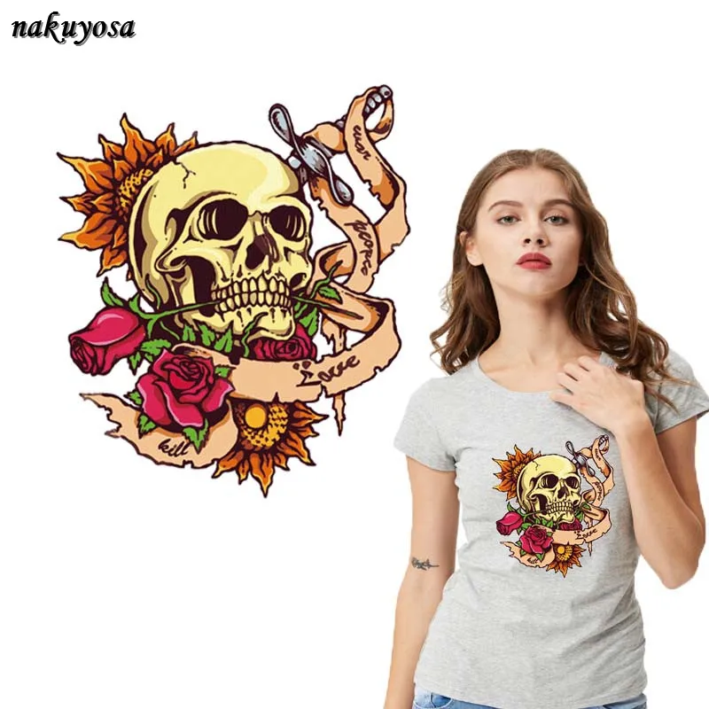 

Rose skull Patch lady T-shirt Sweater jacket DIY Accessory A-level Washable Iron-on Transfers Heat Press Appliqued 31*26.9CM
