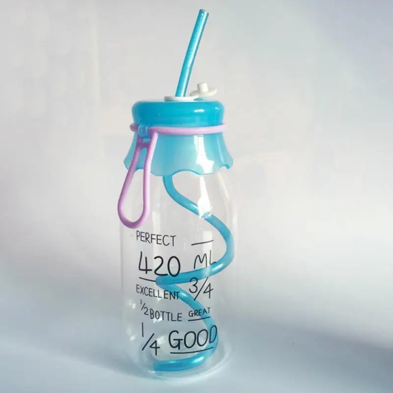 Новое поступление 420 мл прозрачная бутылка для фруктового сока прохладного напитка стеклянная банка бутылка для лимона с Крышкой соломенная Спортивная бутылка для воды - Цвет: Синий
