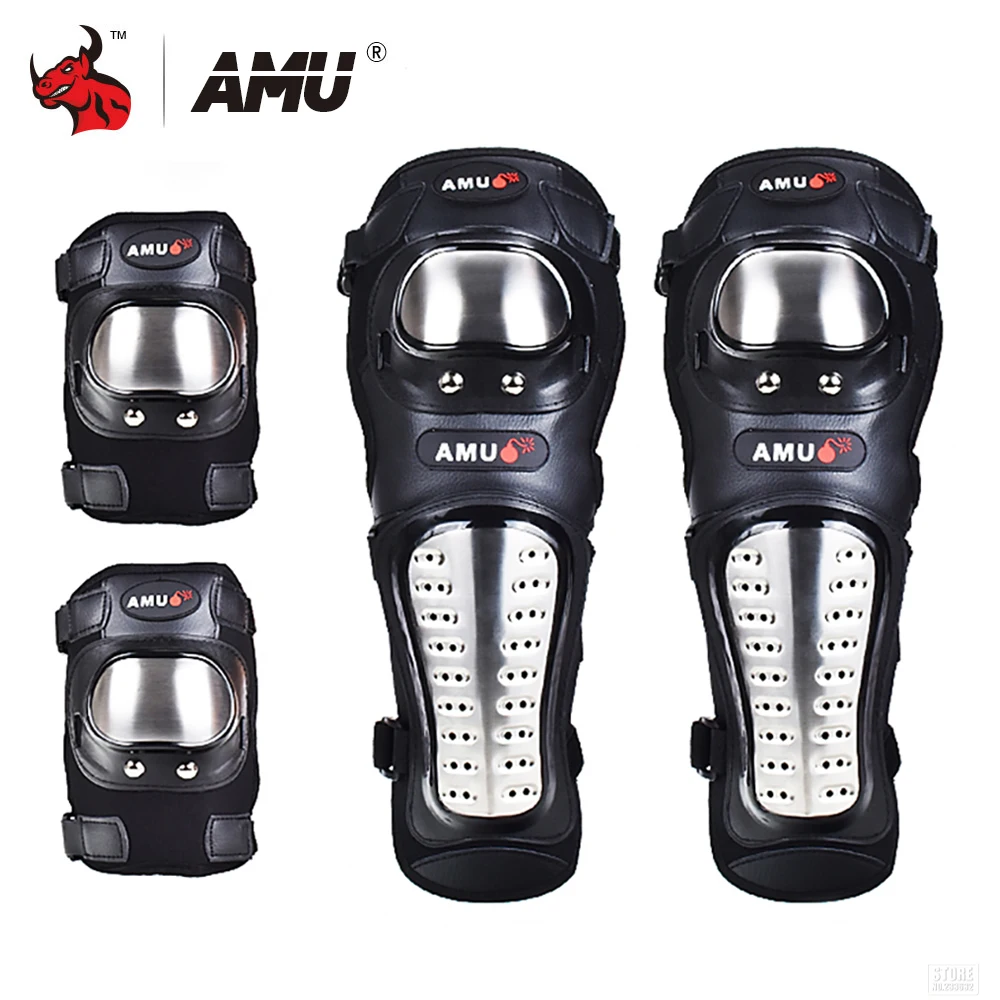 

AMU Motorcycle Kneepad Stainless Steel Moto Elbow Knee Pads Motocross Racing Protective Gear Protector Guards Kit