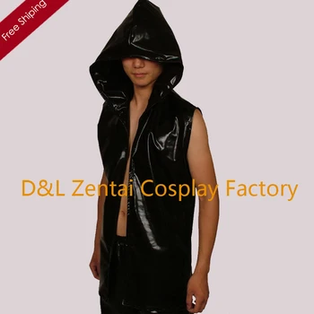 

Free Shipping DHL 2016 Halloween Black Amazing Shiny Metallic Hooded Vest For Men C160