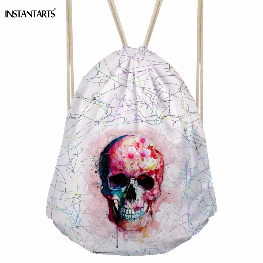 INSTANTARTS винтажные женские и мужские мешки с Кулиской 3D Красочные Череп Скелет головы печатных девочек рюкзаки дорожный несессер сумка для хранения