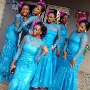 

Vestido madrinhas de casamneto2021 new lace Boat Neck long sleeve turquoise blue sexy mermaid African bridesmaid dress trailing